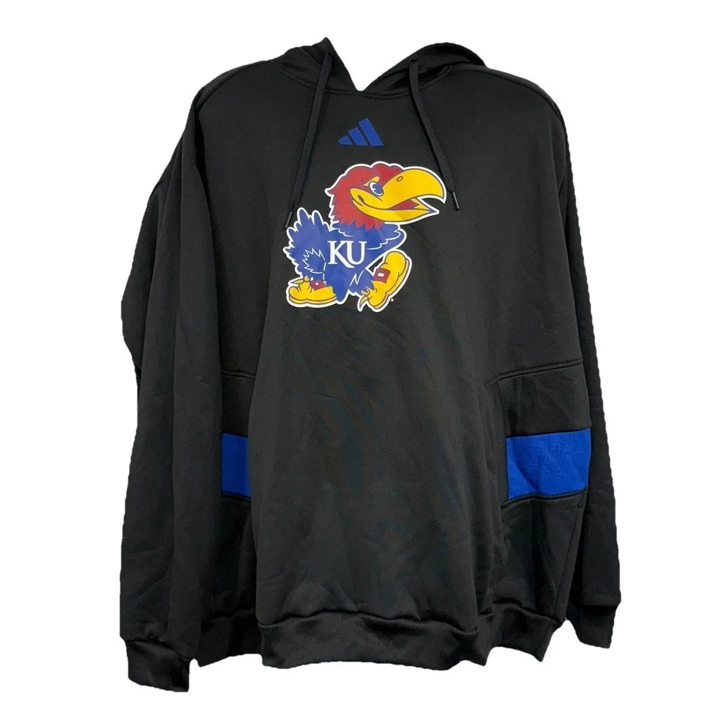 NWT Adidas Kansas Jayhawks Men's Hoodie 2XL Black Logo Aeroready Poly Sweatshirt